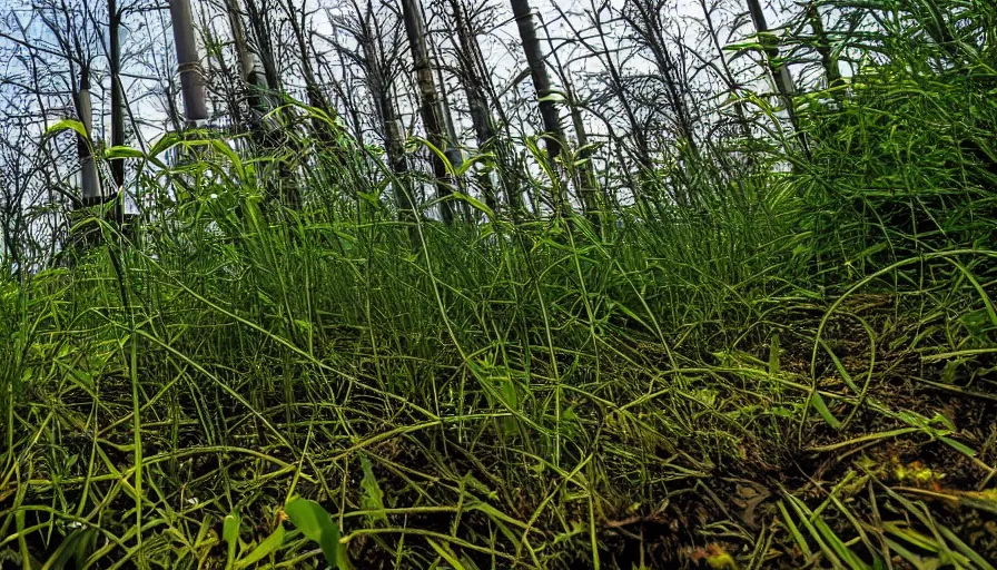 Prompt: industrial refinery rising out of the undergrowth