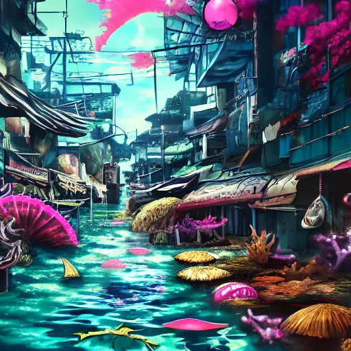 painted anime background of a flooded underwater slums | Stable Diffusion