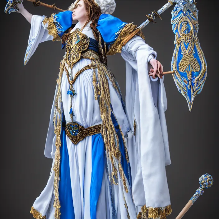 Image similar to photograph of a real-life beautiful sky witch with ornate white and blue robes and staff. Extremely detailed. 8k