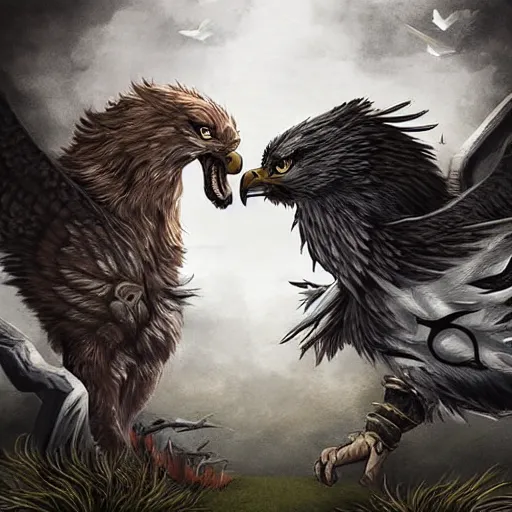 Prompt: epic battle of wolf and eagle in the style by ricardo ow, digital art, highly detailed, fantasy