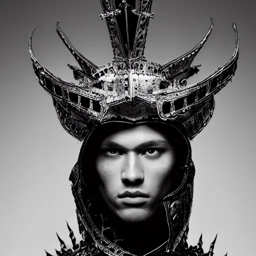 Prompt: a portrait of a beautiful young male wearing an alexander mcqueen armor made of black hair , photographed by andrew thomas huang, artistic