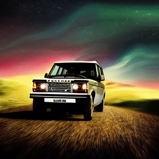 Prompt: land rover discovery driving down a windey road with noctoluminescent clouds in the sky, simplistic style, 1 9 8 0 s poster style