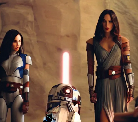 Image similar to Still of Megan Fox on the Jedi Council, being briefed on the clone wars, Star Wars Universe, Cinematic Lighting, beautiful composition, 8K resolution