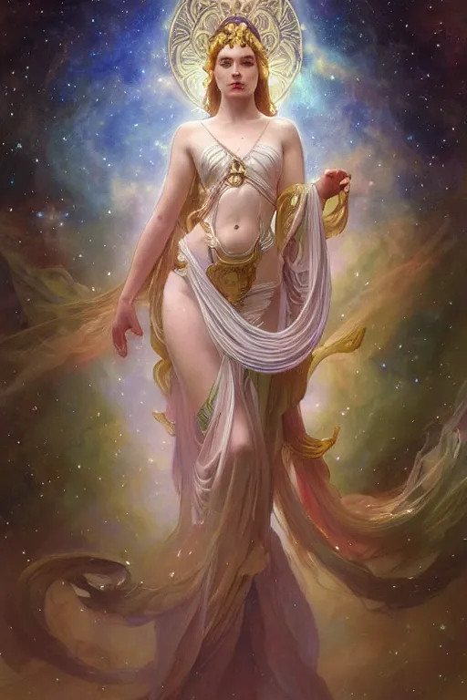 Prompt: Full view realistic Celestial Goddess of cosmic nebula in a beautiful dress, 4k digital illustration by Mandy Jurgens and Ruan Jia, ornate Iconography background in the style of Alphonse Mucha, tarot card, stunning portrait, amazing magnificent mystical illustration, award winning art, detailed and realistic, soft lighting, intricate details, realistic, full view, Artstation, CGsociety