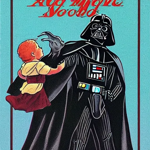 Prompt: a romance novel cover from 1 9 8 3, paperback, drawing, darth vader holding yoda on the cover, romantic