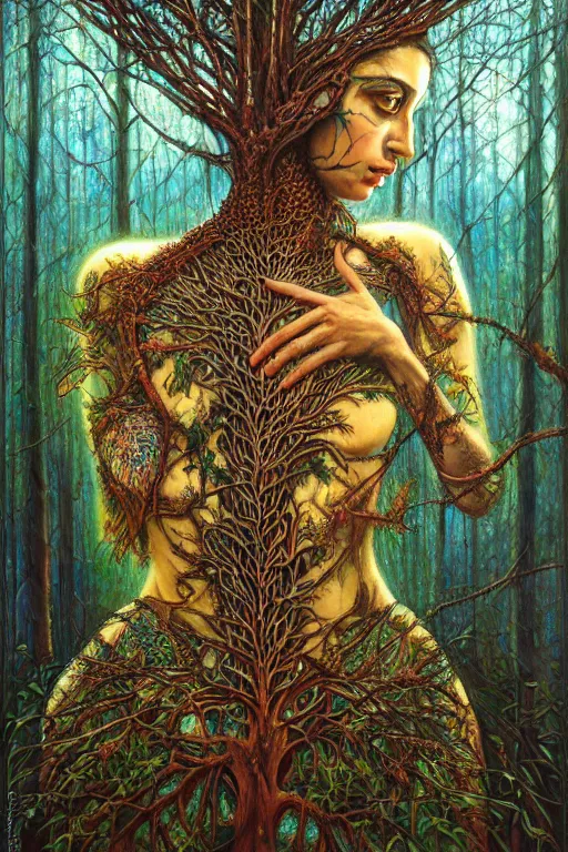 Prompt: hyperrealistic expressive! middle eastern woman with detailed exoskeleton armor, merging with tree in a forest, digital art masterpiece hannah yata brad kunkle dramatic blue light low angle hd 8k sharp focus
