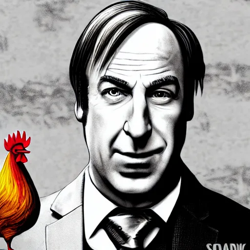 Image similar to saul goodman and a rooster in a medieval torture chamber, saw blades and knives in the background, horror movie, saul goodman, bob odenkirk, rooster!!!!, real life photo, highly detailed face