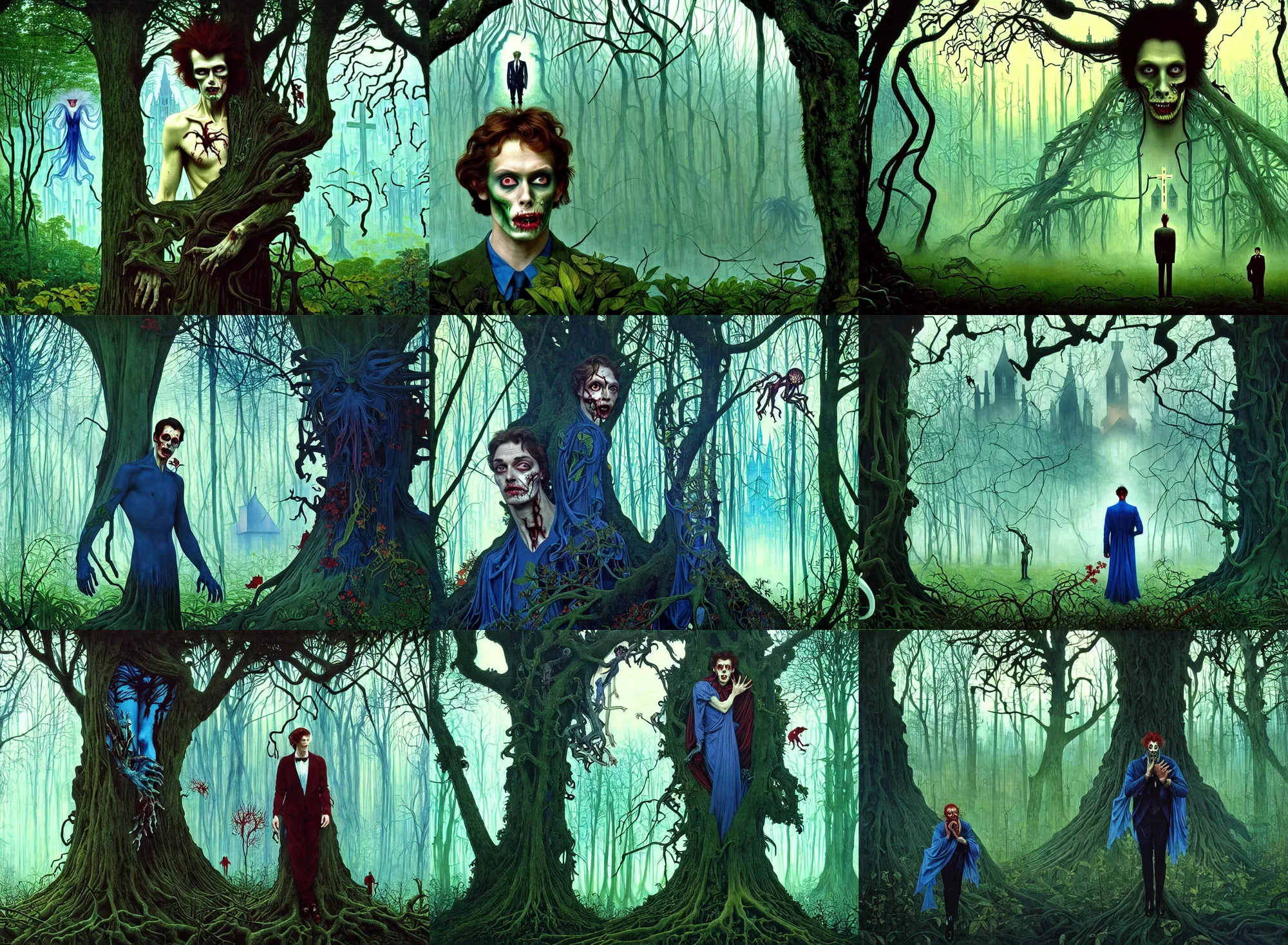 Prompt: realistic detailed portrait movie shot of an beautiful elegant male zombie hiding in trees, futuristic forest with a church in background by jean deville, amano, yves tanguy, denis villeneuve, alphonse mucha, max ernst, caravaggio, roger dean, masterpiece, rich moody colours, blue eyes