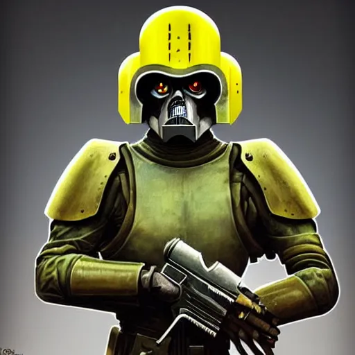 Image similar to portrait of a mutant chronicles bauhaus doomtrooper, wearing green battle armor, a yellow smiley sticker centered on helmet, by greg rutkowski