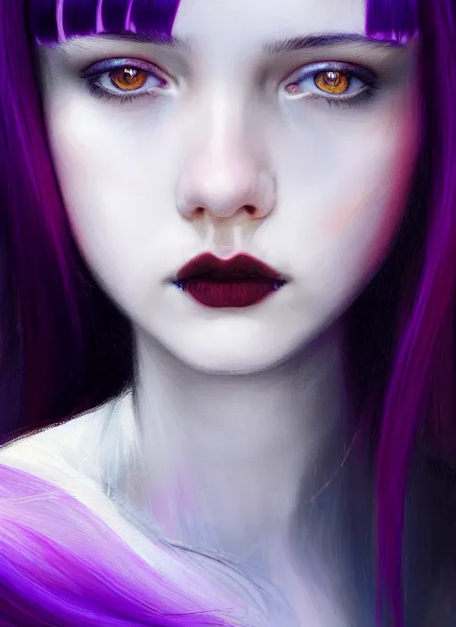 Image similar to portrait of teenage girl with white bangs, red irises, bangs, black and white hair, purple clothes, white bangs, two color hair, black hair and white bangs, intricate, elegant, glowing lights, highly detailed, digital painting, artstation, concept art, smooth, sharp focus, illustration, art by wlop, mars ravelo and greg rutkowski