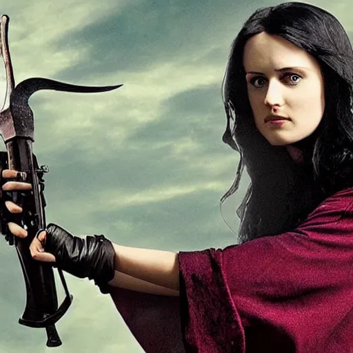 Image similar to Morgana from Merlin (2008) holding an AK47