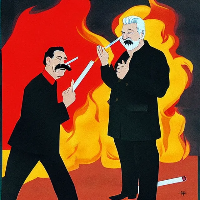 Prompt: stalin and yeltsin in hell drink vodka and smoke cigarettes, scary art in color