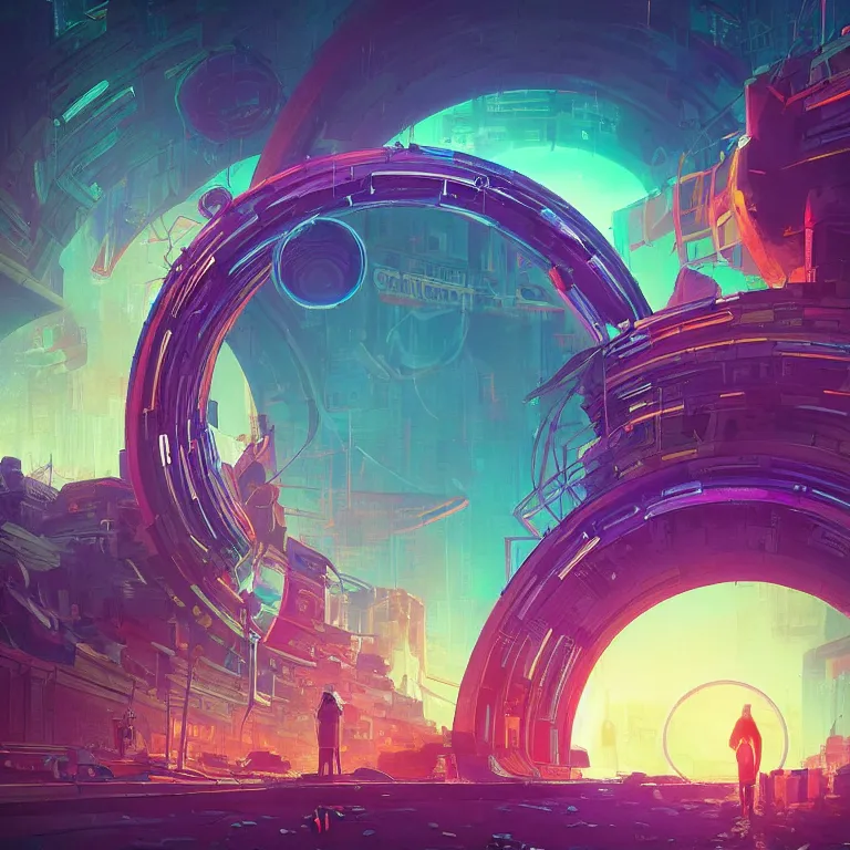 Image similar to a circle!! spiral portal!!! structure floating in space!!, cyberpunk, epic surrealism, indigo, purple, bright red, cyan, detailed digital matte painting in the style of simon stalenhag and painting by ralph mcquarrie