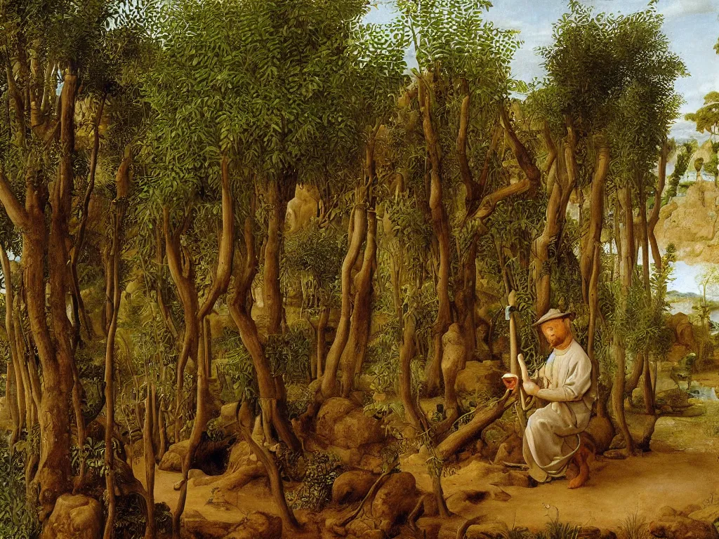 Image similar to kneeling painter washing his brush in a desert oasis, ferns. painting by jan van eyck