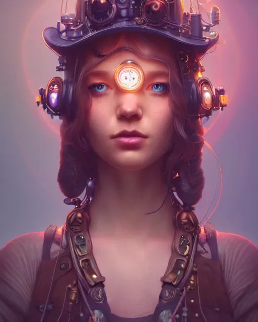 Prompt: one singular portrait of a cute bioluminescent steampunk girl, highly detailed, digital painting, moody cinematic lighting, hyperrealism, dark retrowave, art by stanley lau and artgerm and magali villeneuve and alphonse mucha, artstation, octane render, cgsociety