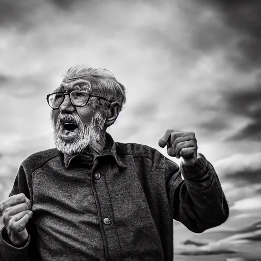 Image similar to An elderly man shouting at the wind, Canon EOS R3, f/1.4, ISO 200, 1/160s, 8K, RAW, unedited, symmetrical balance, in-frame