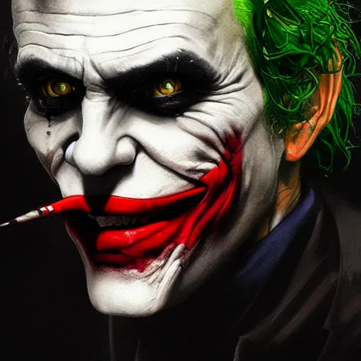 Prompt: portrait of the joker,digital art,art by greg rutkowski,hyperdetailed,photorealistic,detailed face,character design,art by greg rutkowski,trevor henderson,ross tran,deviantart,artstation,cg society