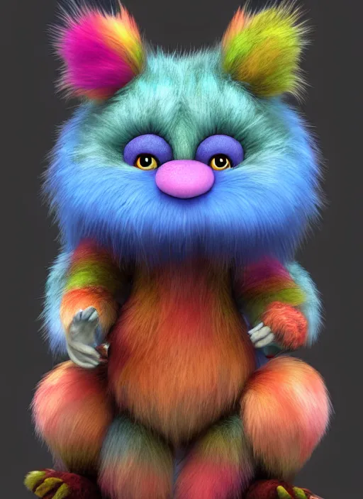 Prompt: full body 3 d model of a multicolored cute grumpy furry monster with fuzzy horns, a 3 d render by wendy froud, designed by jim henson, dark rainbow colored fur, zbrush central contest winner, furry art, rendered in maya, vibrant, colorful, rendered in cinema 4 d, behance hd, daz 3 d, cgsociety, matte background