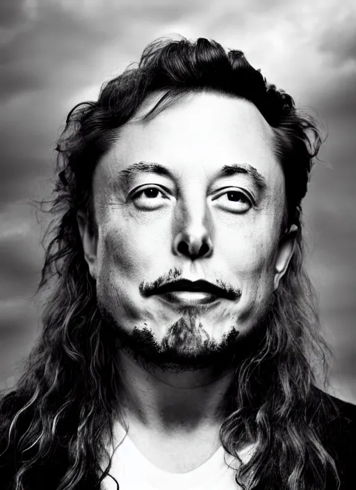 Prompt: A black and white, high contrast portrait of Elon Musk. He has very long hair and a beard. Looks like an old hippie