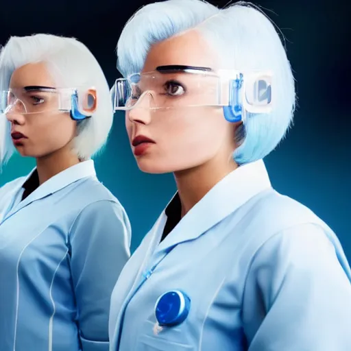 Prompt: line of derpy women with white hair, tight light blue neopren space uniforms, futuristic chemistry lab, sci - fi, highly detailed, cinematic