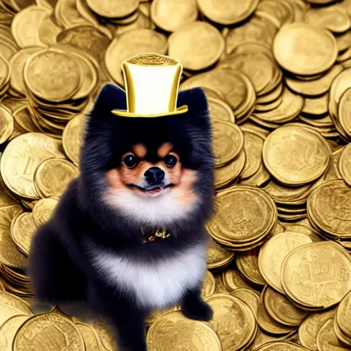 Image similar to A pomeranian wearing a top-hat, sitting on top of a large pile of gold coins