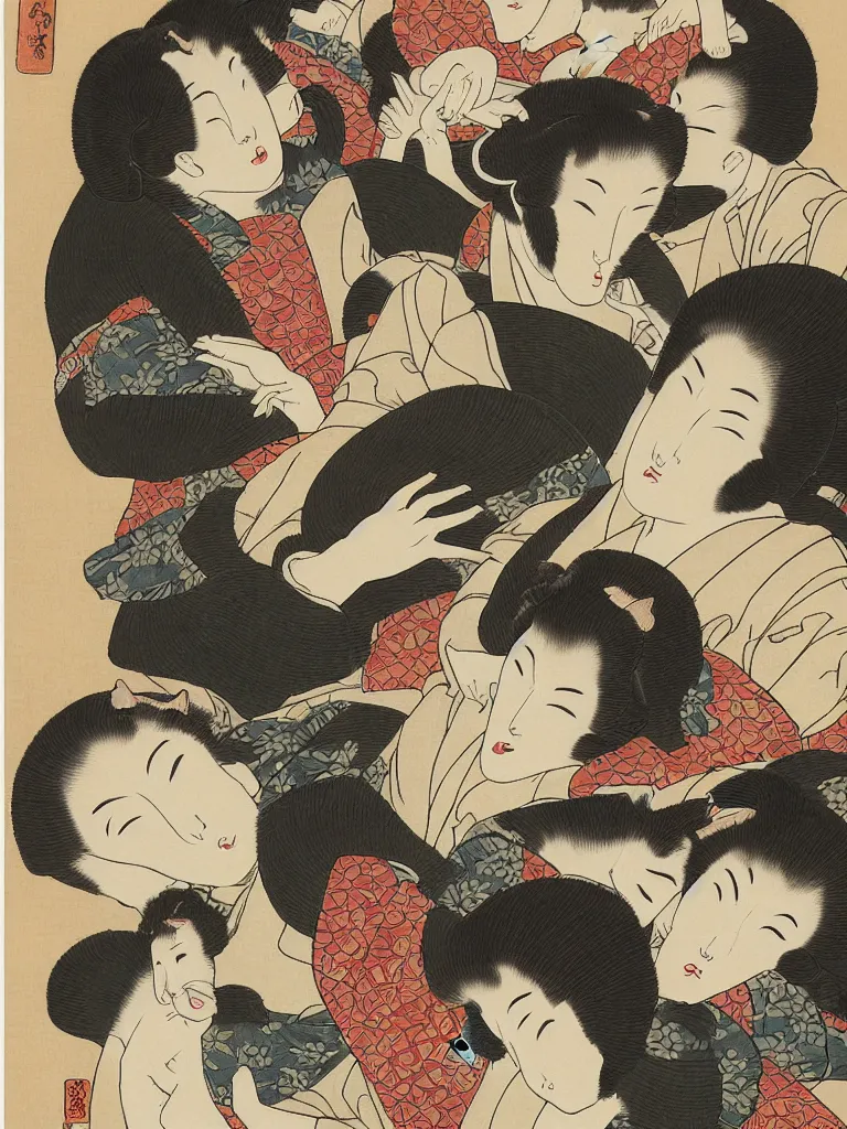 Image similar to Three Women and Three Cats, an ukiyo-e painting by Hokusai