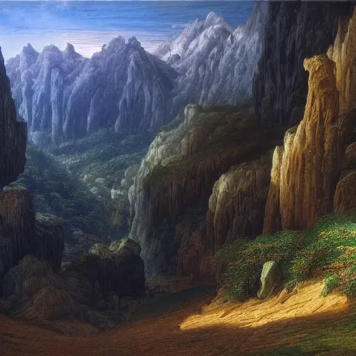 Prompt: a beautiful and highly detailed oil painting of a lost valley in the mountains, intricate details, epic scale, insanely complex, 8 k, sharp focus, hyper realism, fantasy landscape, psychedelic, by caspar friedrich,