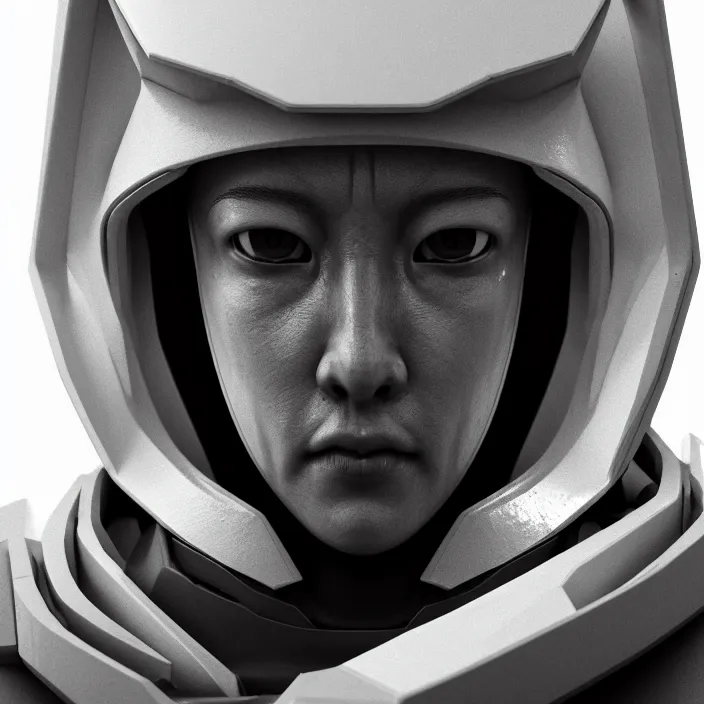 Image similar to a portrait of a character in an spaceship by nihei tsutomu, front facing the camera, black and white, modern clean white armor, highly detailed, 3 d render, vray, octane, realistic lighting