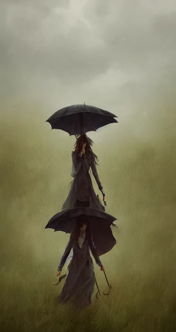 Image similar to Holding an umbrella in a thunderstorm in the prairie, pretty, by Studio Ghibli and Greg Rutkowski, artstation