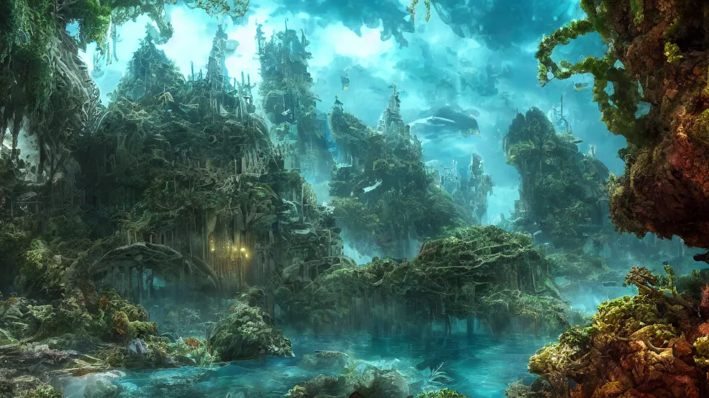 Prompt: an underwater city protected by the roots of an eve tree, fantasy artwork, very very very beautiful scenery, hd, hdr, ue5, ue6, unreal engine 5, cinematic 4k wallpaper, 8k, ultra detailed, high resolution, artstation, award winning