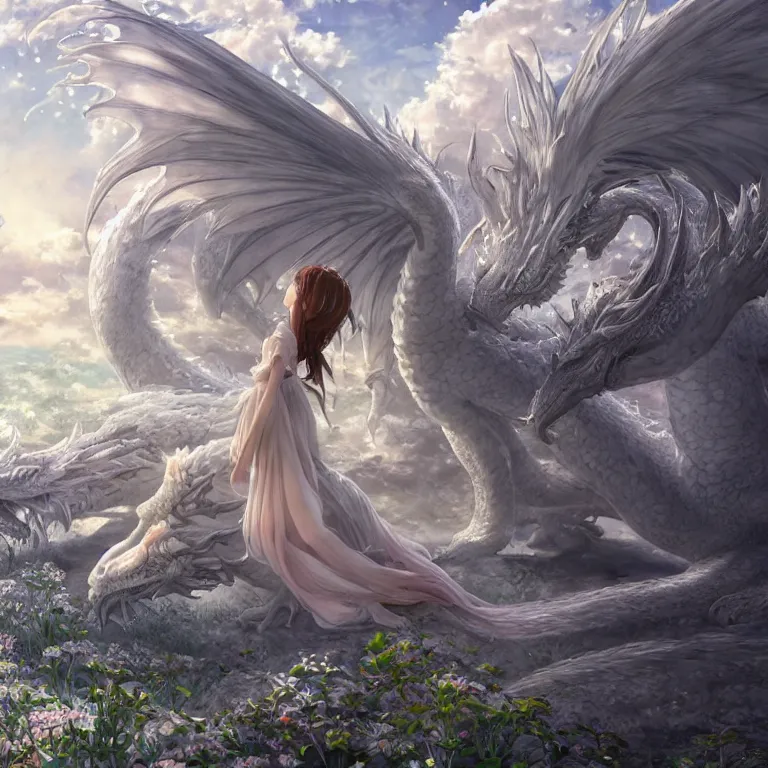 Image similar to the beautiful hyper detailed scene render that a lonely beautiful girl lies in the arms of a huge silver white dragon alone in fairyland surrounded by white clouds, finely detailed angelic face delicate features, style of studio ghibli, makoto shinkai, raphael lacoste, louis comfort tiffany, artgerm, james jean, ross tran, animation style, hd, ultra wide angle