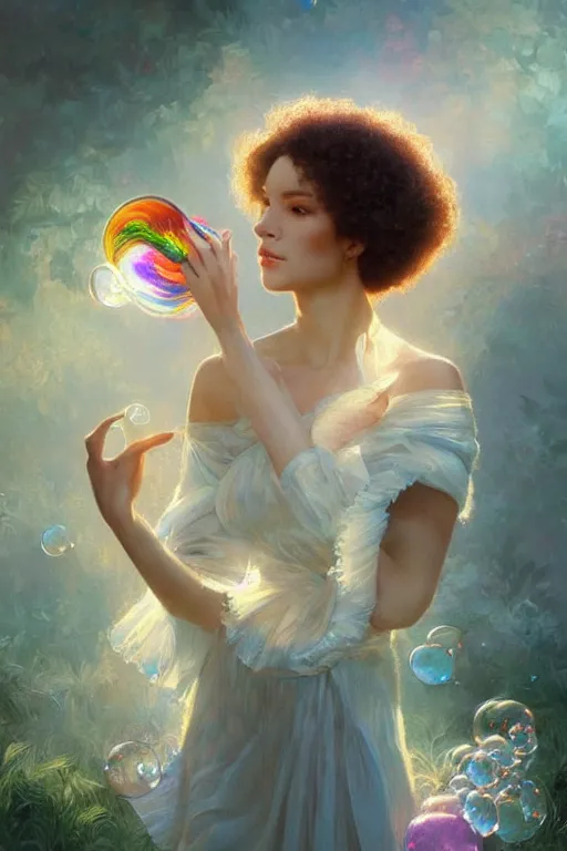 Image similar to bob ross, dreamy and ethereal,, fantasy, intricate, elegant, rainbow bubbles, highly detailed, digital painting, artstation, concept art, smooth, sharp focus, illustration, art by artgerm and greg rutkowski and alphonse mucha