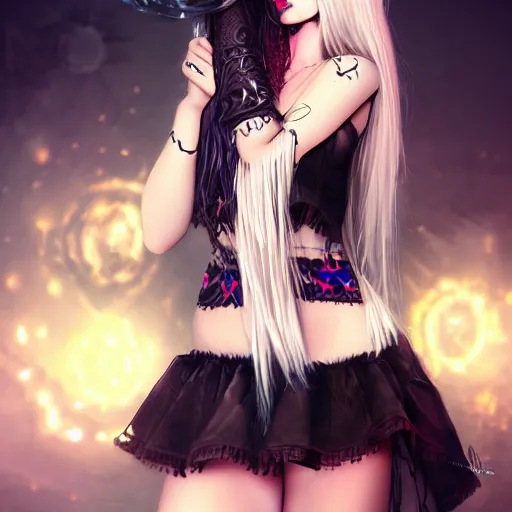 Image similar to kerli koiv animel goth girl in mini skirt and crop top intricate, extremely detailed, artstation, 8 k, sensual lighting, incredible art, wlop, artgerm