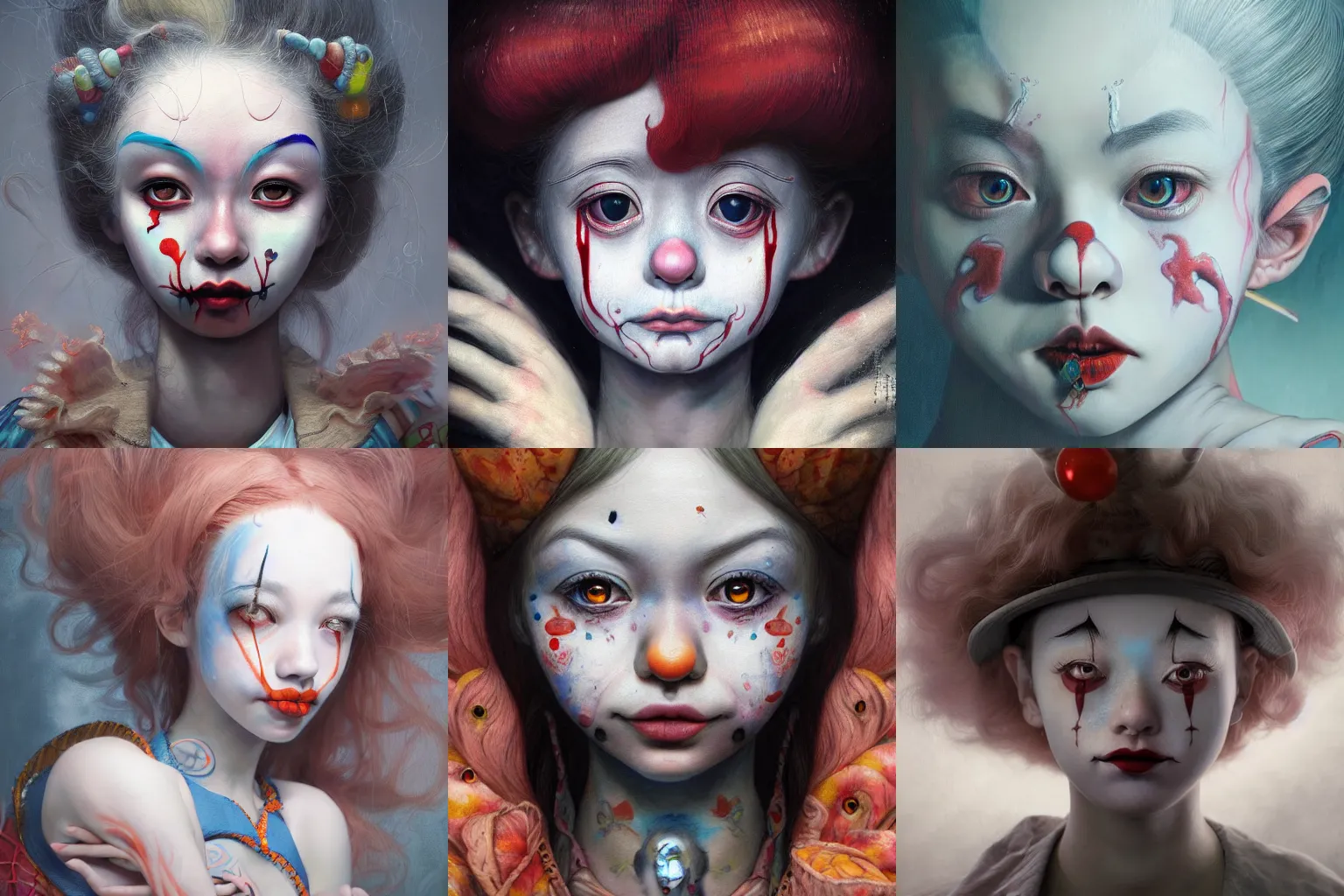 Prompt: breathtaking detailed painting of clown girl, with anxious, piercing eyes, james jean, miho hirano, hayao miyazaki, extremely moody lighting, hyperrealistic, octane render, rpg portrait, ambient light, dynamic lighting