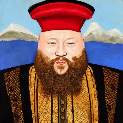 Prompt: action bronson stoned, portrait, action bronson as king henry viii, regal hat, king, stately, painting