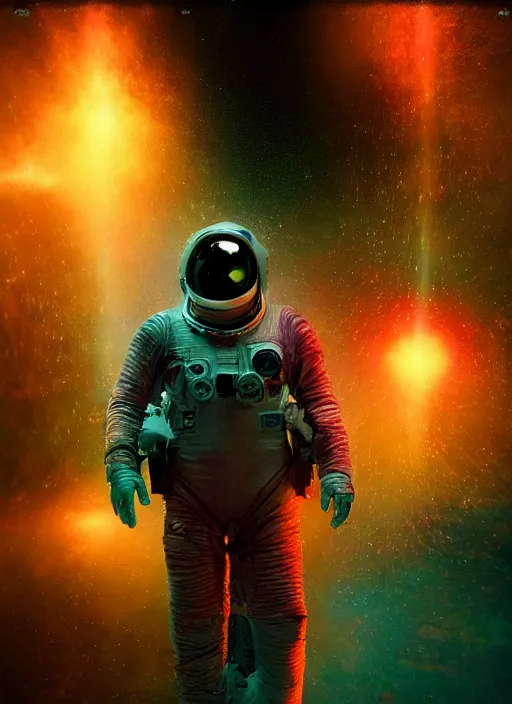 Image similar to complex poster by craig mullins astronaut in futuristic dark and empty spaceship underwater. infrared pink glowing lights. complex and hyperdetailed technical suit. reflection and dispersion materials. rays and dispersion of light. volumetric light. 5 0 mm, f / 3 2. noise film photo. flash photography. unreal engine 4, octane render. interstellar movie art