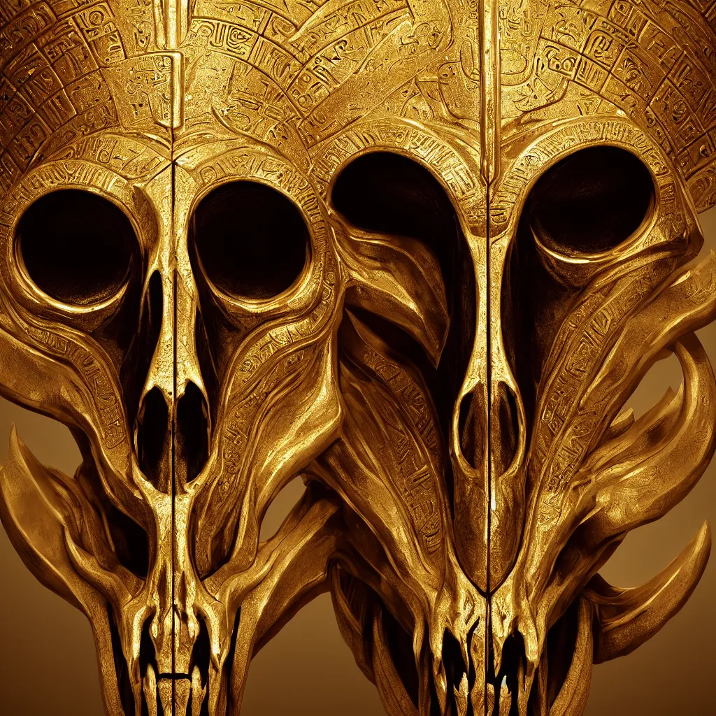 Image similar to Photorealistic epic egyptian god face portrait ram skull, jackal skull, gold. ominous, ancient magic, intricate artwork by Tooth Wu and beeple and Jake Baddeley. octane render, trending on artstation, greg rutkowski very coherent symmetrical artwork. cinematic, hyper realism, high detail, octane render, 8k