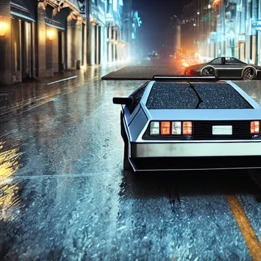 Image similar to hyperdetailed, photorealistic photograph of a dmc 1 2 delorean driving in the streets, rain, night, dense fog, hd, unreal engine 5