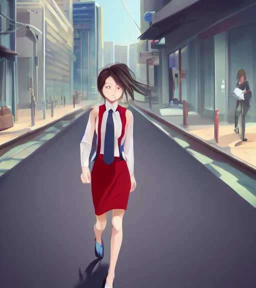 Image similar to a girl in a business is walking in the middle of the street, she has a red necktie and grey hair, digital painting, art by tran ross, anime art, artstation, hd, smooth