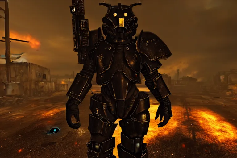 Image similar to a fursona ( from the furry fandom ), heavily armed and armored facing down armageddon in a dark and gritty version from the makers of fallout : war never changes