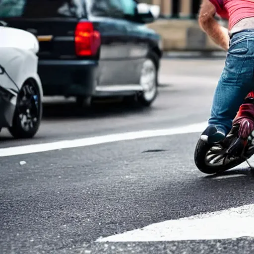 Prompt: man wearing a helmet, being hit by a car and falling off of his motorcycle