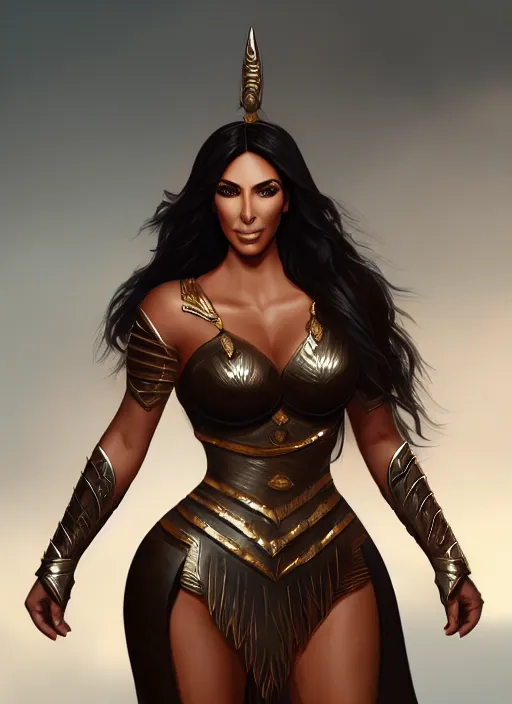 Image similar to kim kardashian as a warrior princess, detailed face, full body, concept art, rim lighting, stanley lau, detailed, sharp focus, trending on artstation