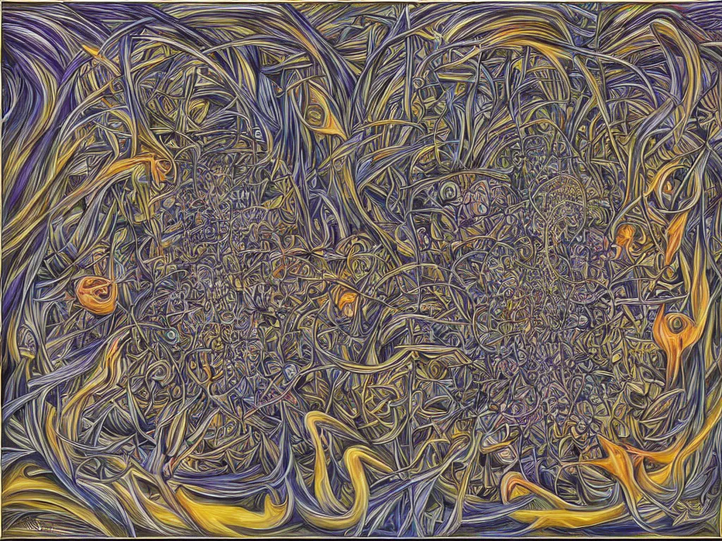 Image similar to expression of mind-matter interaction through death by Alex Grey and M. C. Escher collaboration, digital painting, Groundcore