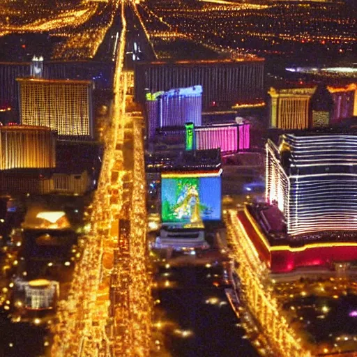 Prompt: A painting of The Las Vegas strip at night from above, style of Renaissance Art