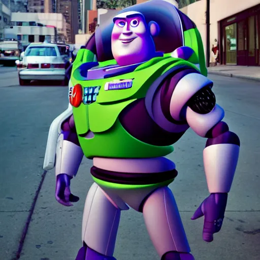 Image similar to UHD candid photo of Buzz Lightyear on skid row, UHD, photorealistic, correct face, photo by Annie Leibowitz