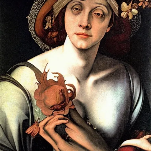 Image similar to portrait of beautyful witch circe in the odyssey, art by petrus christus, caravaggio, leonardo da vinci