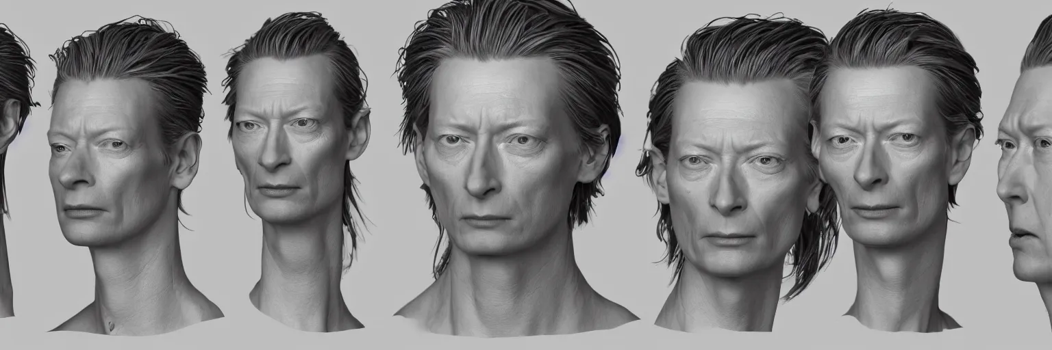 Image similar to male character study of tilda swinton, 2 0 2 2, clear faces, emotional, character sheet, fine details, concept design, contrast, kim jung gi, pixar and da vinci, trending on artstation, 8 k, full body and head, turnaround, front view, back view, ultra wide angle