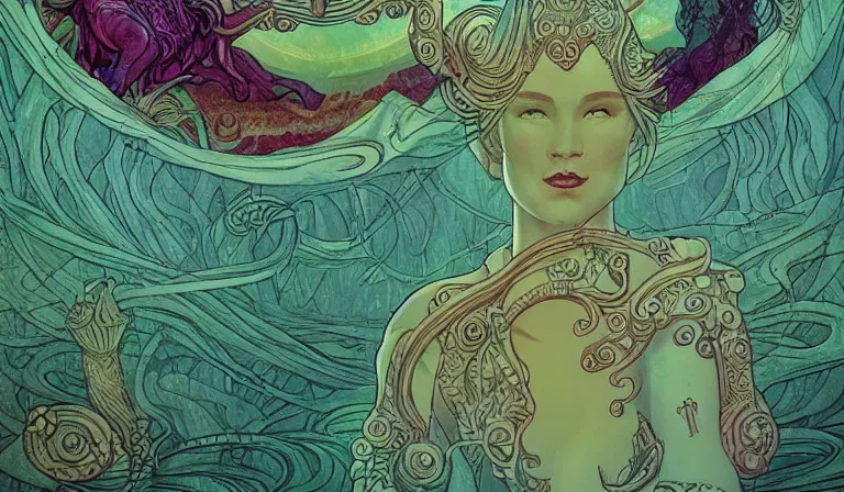 Prompt: floating creatures the ancient gods fantasycore landscape, Precise and Intricate Linework, Art Nouveau Cosmic 4k Detailed Matte Illustration trending on 500px ,CGSociety, Salmon and Chartreuse color scheme, Pastiche by Dave Gibbons, Pastiche by Carla Wyzgala