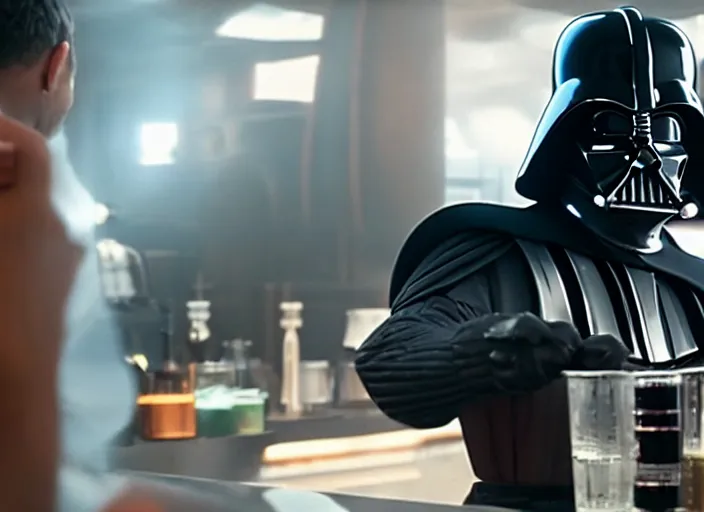 Image similar to film still of Darth Vader working as a bartender in the new Star Wars movie, 4k