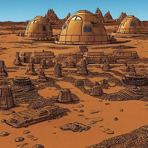 Prompt: Star Wars Tatooine city in the style of Jean Giraud, Moebius